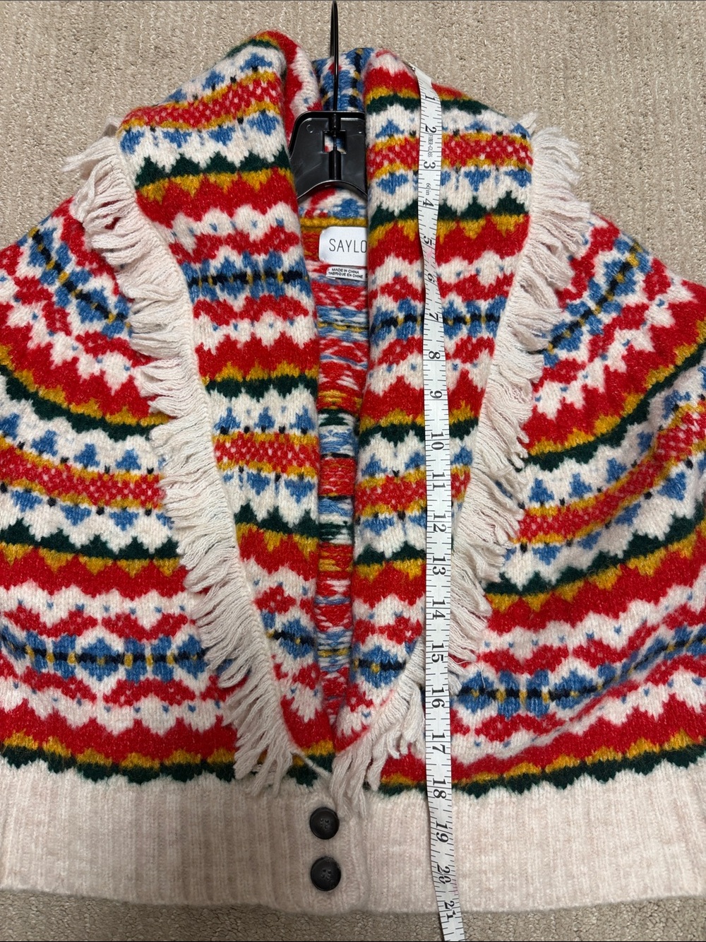 SAYLOR Red, Blue & Green Fair Isle Fringe Cardigan - Picture 9 of 10